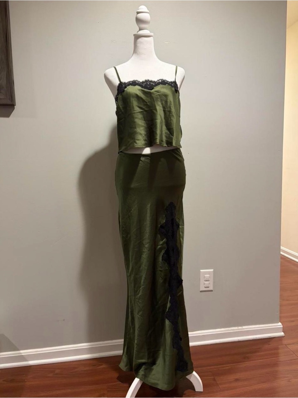 Victoria's Secret Olive Green Satin Maxi Skirt with Black Lace Accent
